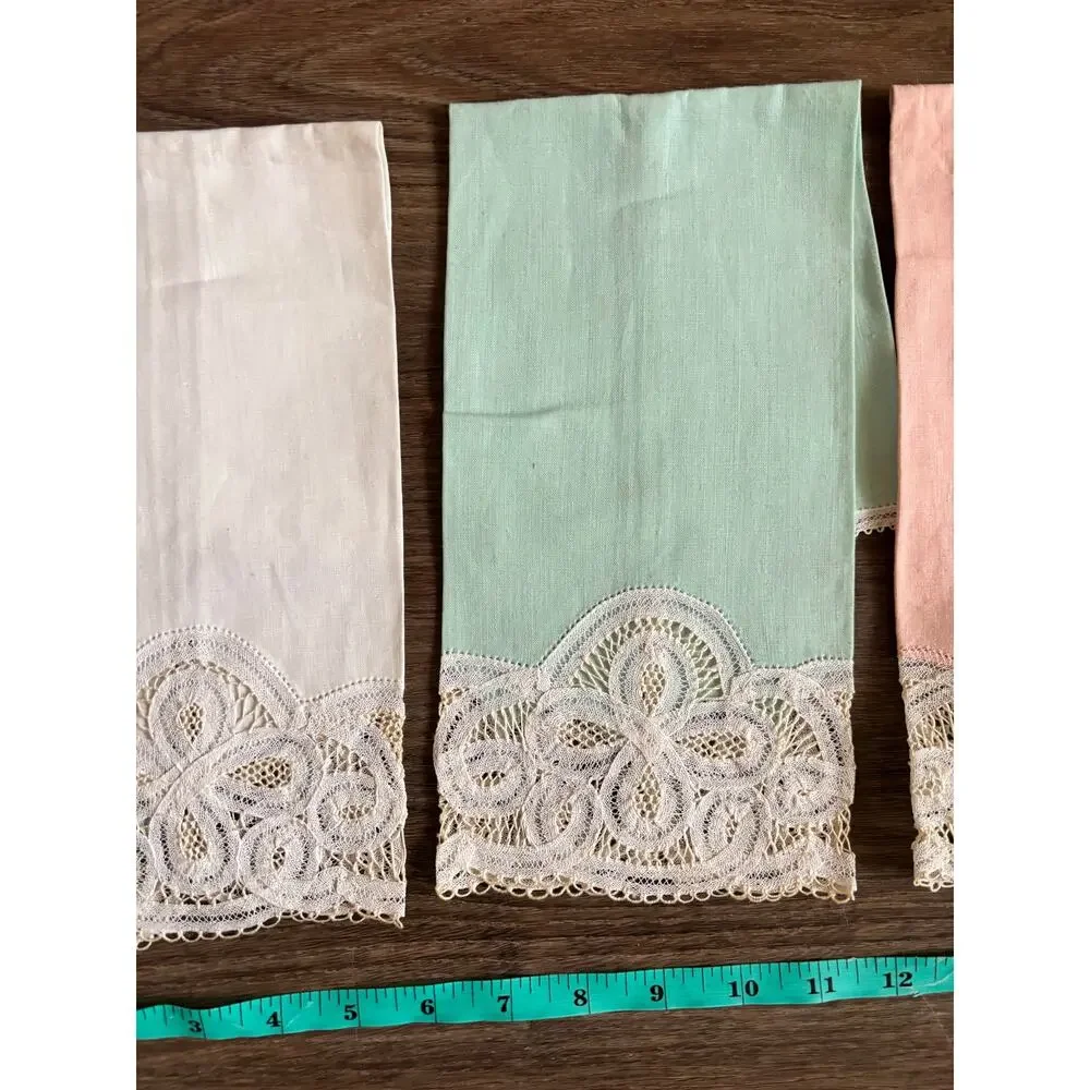 Antique Set of 3 Tape Lace Dinner Napkins Cotton Pastel Green Pink White 17